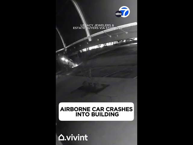 ⁣Airborne car crashes into building