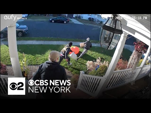 ⁣Video captures porch pirates swiping package from Long Island porch