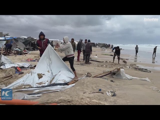 ⁣Winter rains pile misery on displaced Palestinians in war-torn Gaza