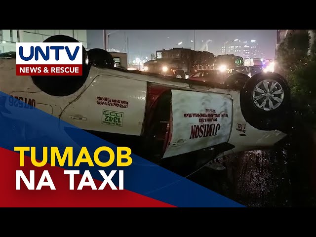 ⁣Taxi, tumaob matapos bumangga sa concrete barrier sa Quezon Ave.; driver, sugatan