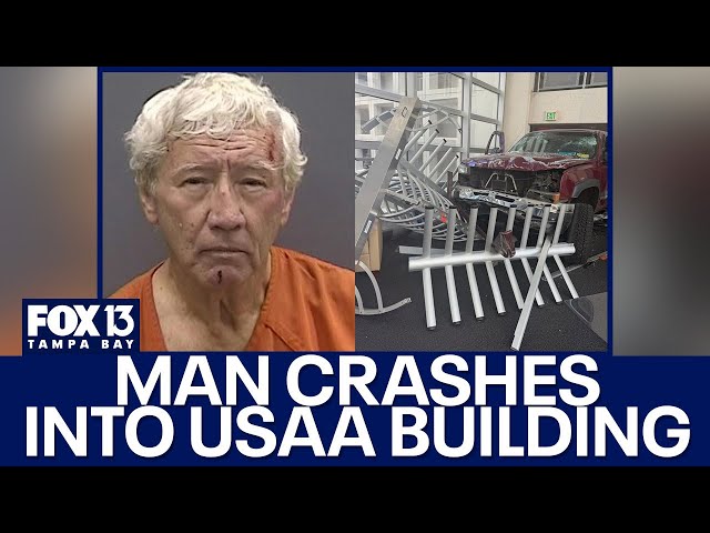 ⁣Florida man crashed into a USAA building after being denied entry