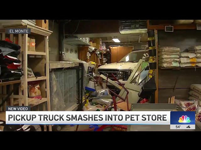 ⁣Pickup truck smashes into pet store in El Monte