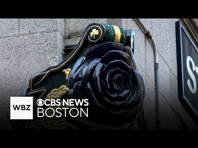 ⁣New wooden black rose hung outside iconic State Street pub in Boston