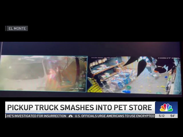 ⁣Pickup truck smashes into pet store in El Monte