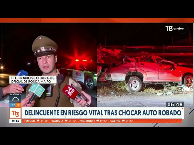 ⁣Delincuente en riesgo vital tras chocar auto robado en San Bernardo