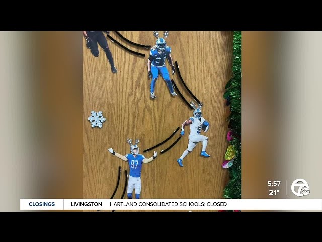 ⁣VIDEO: Local teacher's Detroit Lions door decoration has Christmas flair