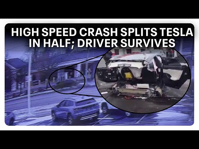 ⁣Speeding Tesla crashes, splits in half