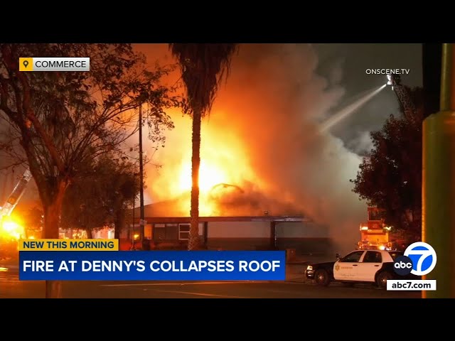 ⁣Fire causes roof collapse at Denny's in Commerce