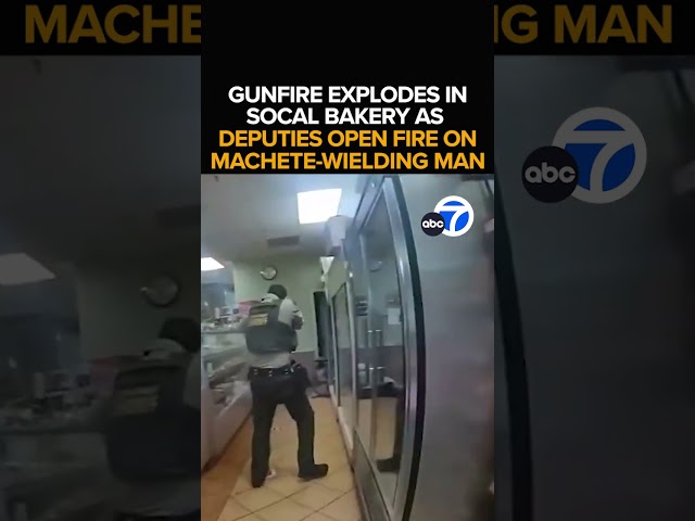 ⁣Bodycam video shows deputies shooting machete-wielding man inside a Newbury Park bakery