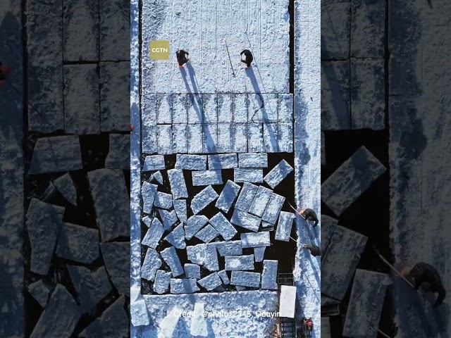 ⁣Real-Life Tetris in Harbin: Ice blocks harvesting