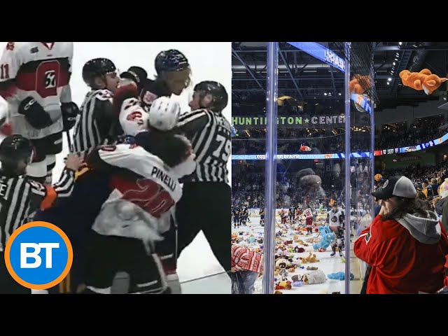 ⁣OHL teams break out into a fight in the middle of a teddy bear toss