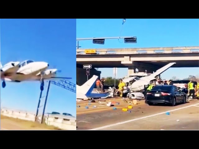 ⁣El momento en que una avioneta se estrella en Texas y se parte en dos