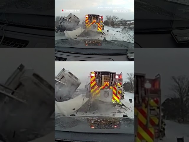 ⁣Dashcam video shows the moment a truck crashed into a fire truck