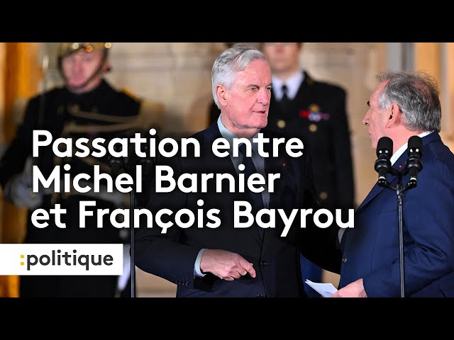 ⁣Revivez la passation de pouvoir entre Michel Barnier et François Bayrou