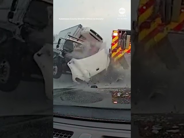 ⁣Dashcam video shows moment a truck smashes into emergency vehicles