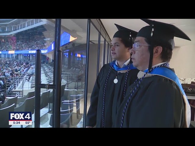 ⁣Father-son duo graduates from UT Arlington with master's degrees