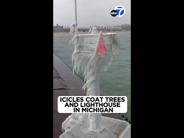 ⁣Icicles coat trees and lighthouse in Michigan