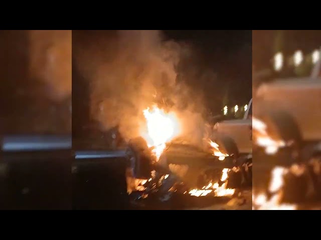 ⁣RAW: Lamborghini driver crashes in Tarzana after fleeing from CHP, rescued from burning SUV