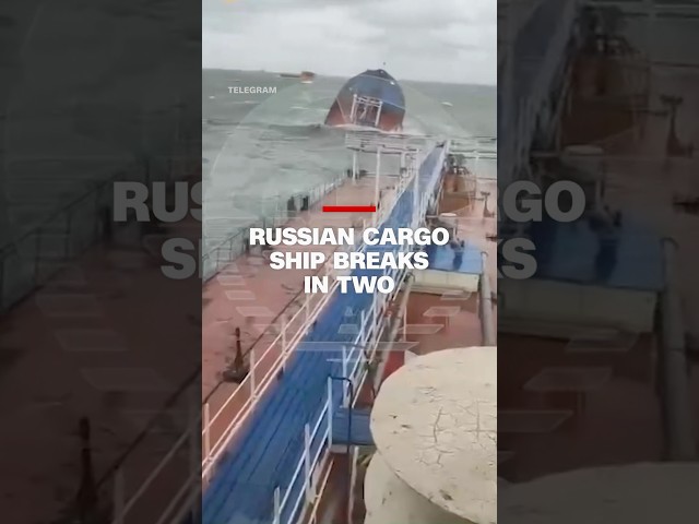 ⁣Video appears to show Russian cargo ship split in two, sinking near Crimea