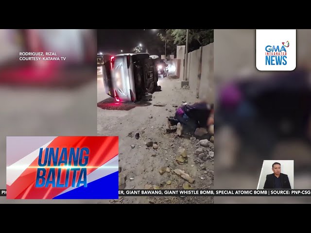 ⁣MPV, tumagilid matapos bumangga sa poste; babaeng naglalakad, nahagip | Unang Balita