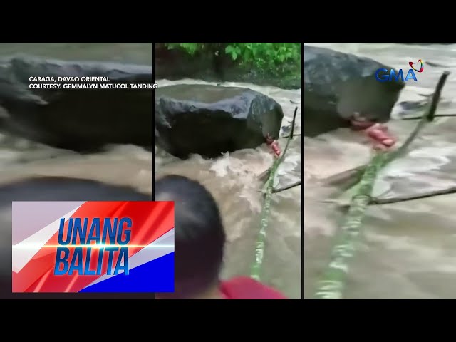 ⁣Tulay na gawa sa kawayan sa Caraga, Davao Oriental, bumigay dahil sa rumaragasang... | Unang Balita