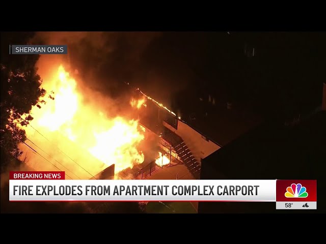 ⁣Fire rips through Sherman Oaks apartment carport