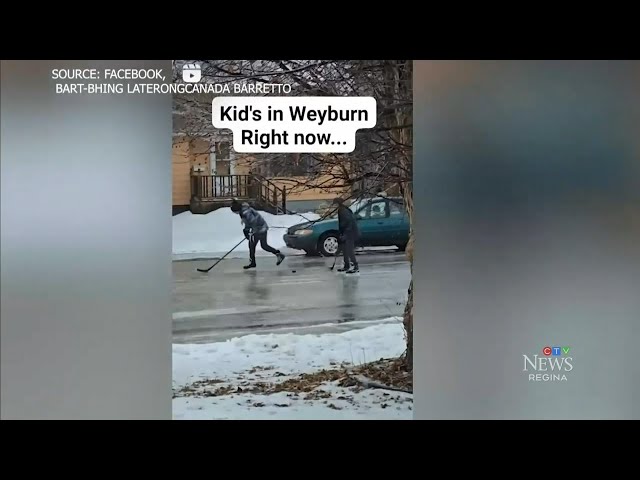 ⁣Hockey players seen skating down icy roads in Saskatchewan