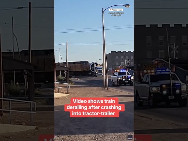 ⁣Video shows train derailing after crashing into tractor-trailer #shorts