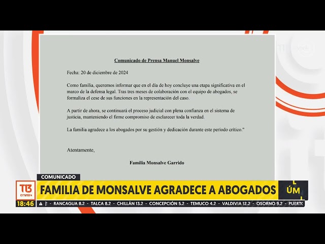 ⁣Familia de Monsalve agradece a abogados