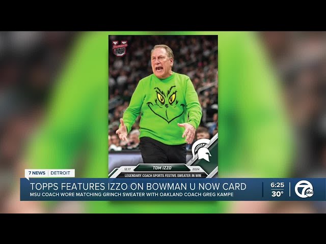 ⁣Tom Izzo and his Grinch sweater featured on Topps trading card