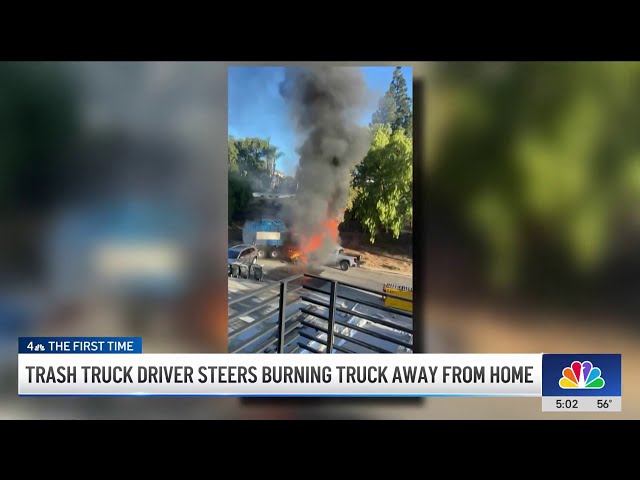 ⁣Driver steers burning trash truck away from Yorba Linda homes