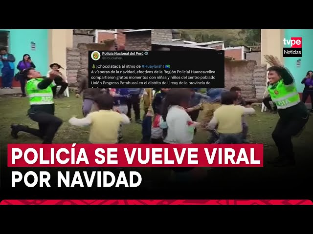 ⁣Policía se vuelve viral por bailar huaylarsh con niños en chocolatada