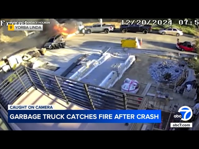 ⁣Flaming garbage truck nearly hits home in Yorba Linda