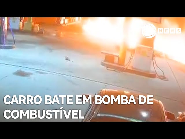 ⁣Carro bate em bomba de combustível e provoca incêndio em Campos dos Goytacazes