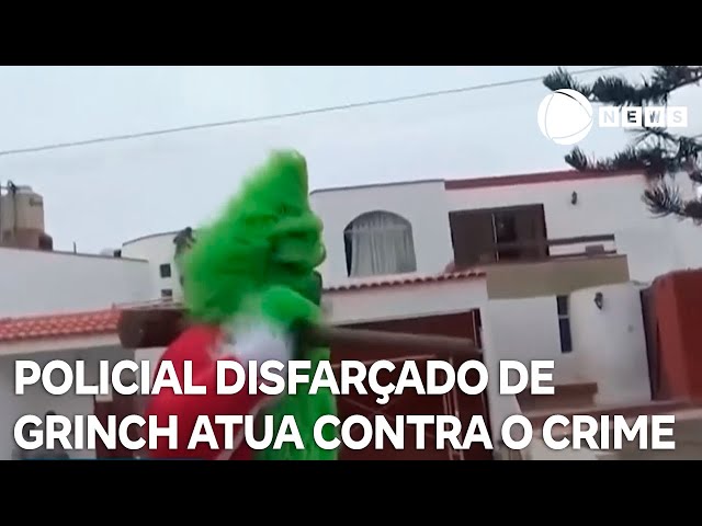 ⁣Policial disfarçado de Grinch atua contra o tráfico