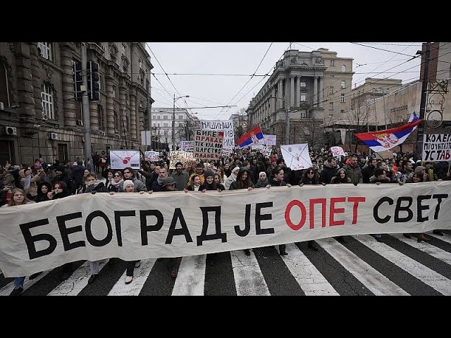 ⁣Serbian students gather in Belgrade in another protest over deadly train station awning collapse