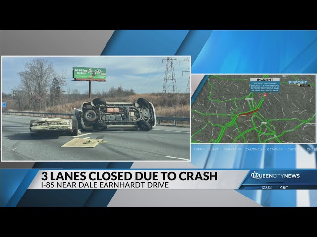 ⁣Overturned car causes lane closures on I-85 in Cabarrus County