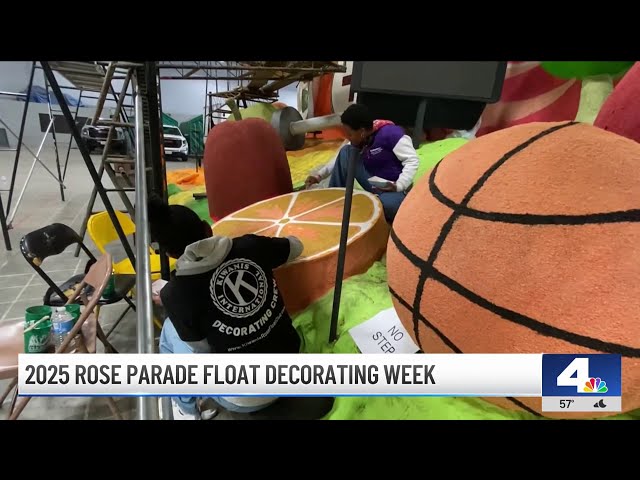 ⁣Floats get the final touches before the 2025 Rose Parade