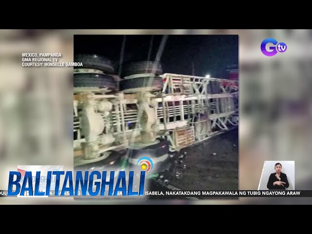 ⁣Truck na may mga kargang case ng beer, tumaob matapos bumangga sa tricycle | Balitanghali