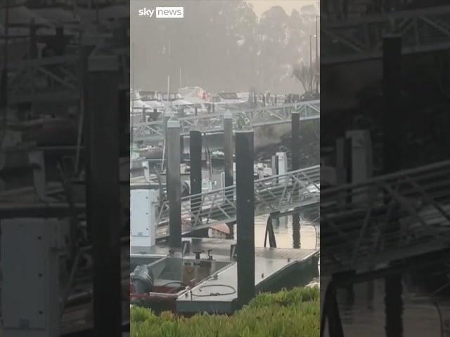 ⁣Supercharged waves smash into boats in Santa Cruz