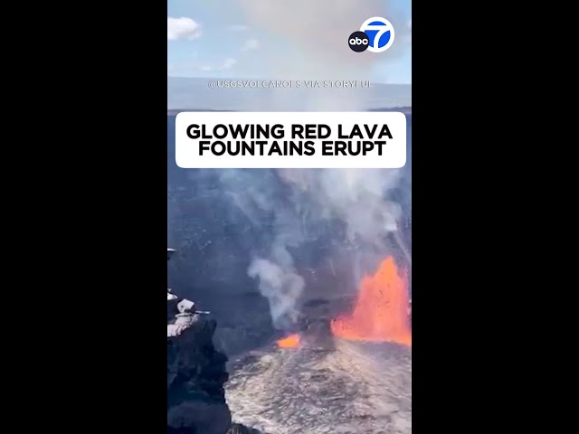 ⁣Glowing red lava fountains erupt at Kilauea volcano