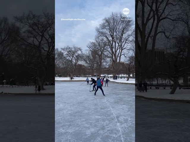 ⁣Frozen pond in Boston turned into hockey rink