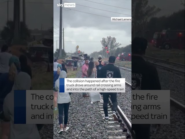 ⁣Train smashes into fire truck