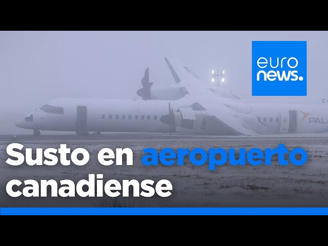 ⁣Susto en un aeropuerto canadiense: parte de un avión se incendia tras un accidentado aterrizaje