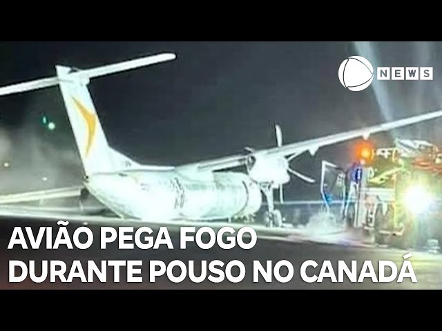 ⁣Avião pega fogo durante pouso em aeroporto no Canadá