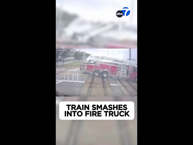 ⁣Train smashes into fire truck