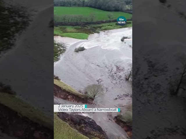 ⁣Aerial footage from Cheshire shows a collapsed canal bank amid heavy rain #itvnews  #weather #shorts