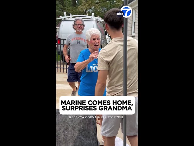 ⁣US Marine grandson comes home and surprises grandma