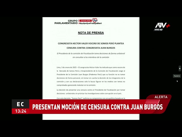 ⁣Somos Perú presenta censura contra congresista Juan Burgos