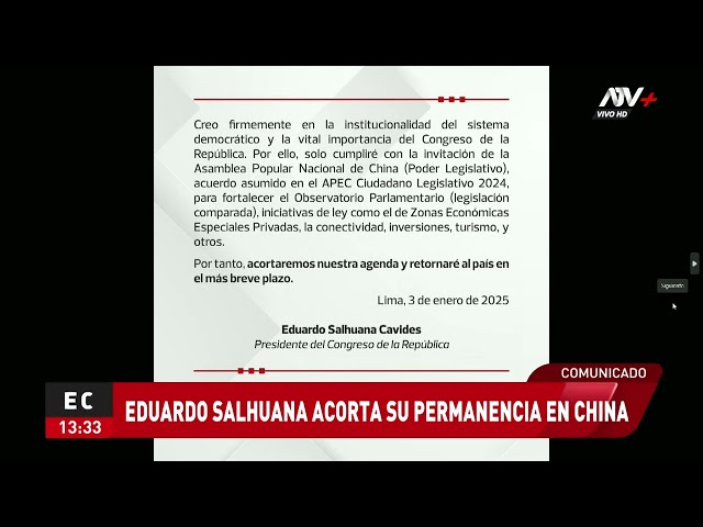 ⁣Eduardo Salhuana acortará su viaje a China: "Retornaré al país en el más breve plazo"